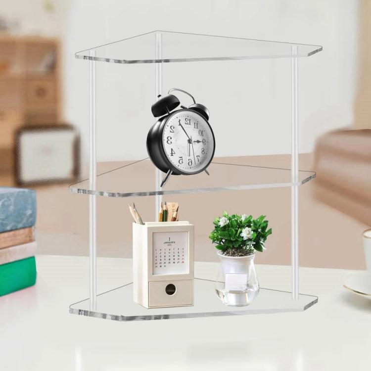 Clear acrylic corner storage shelf with clock and small organizer on lower tiers