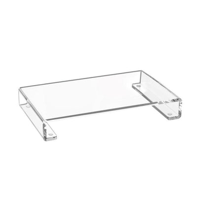 Clear acrylic tray base storage rack with raised edges and four corner supports