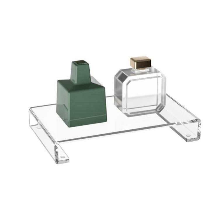 Clear acrylic tray base storage rack holding a green block organizer and clear cube