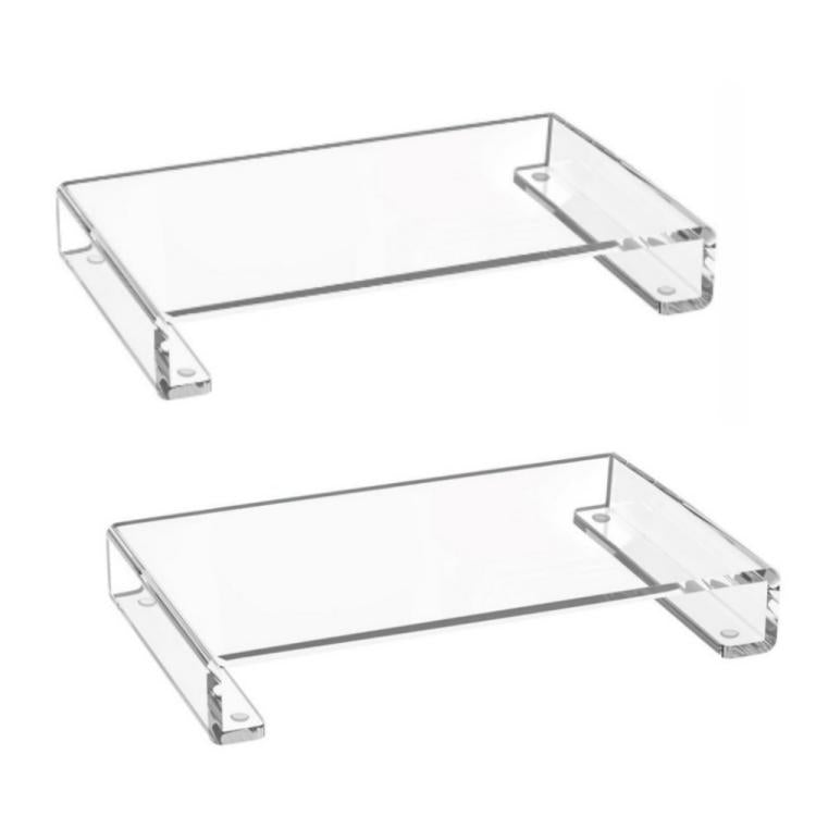 Clear acrylic tray base storage rack, angled view with corner clamps