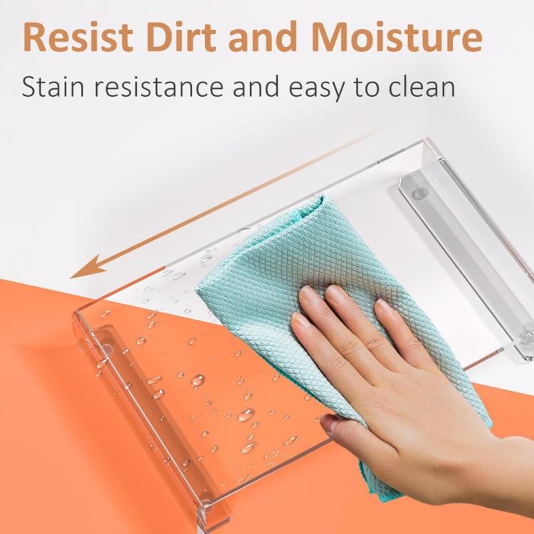 Clear acrylic tray base storage rack with water droplets and cleaning cloth
