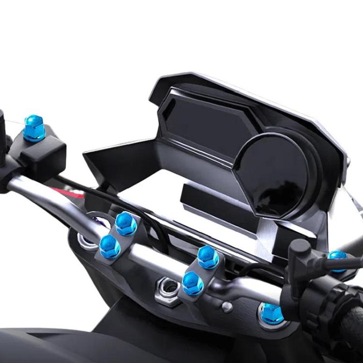 Motorcycle scooter body with blue decorative hex screw caps and bolt covers