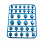 Blue decorative hex screw caps on a sprue-style mounting tray