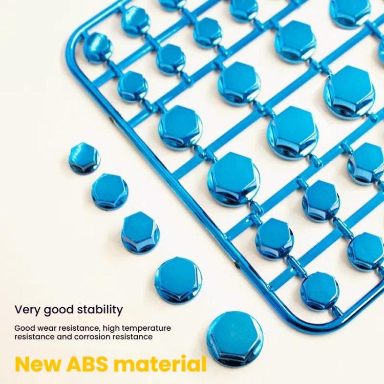 Blue decorative hex screw caps scattered beside a mounting tray