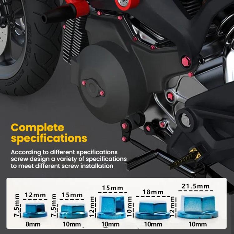 Motorcycle scooter frame with red decorative hex screw caps and bolt covers