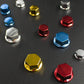 Assorted hex decorative screw caps in blue, red, gold, and silver colors