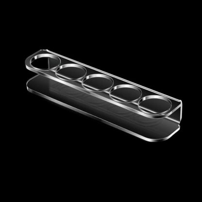 Acrylic desktop bottle storage rack with five round holes, clear and silver