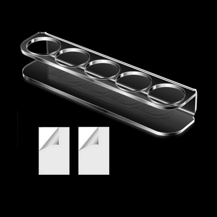 Five-hole acrylic bottle stand with metal frame, angled view