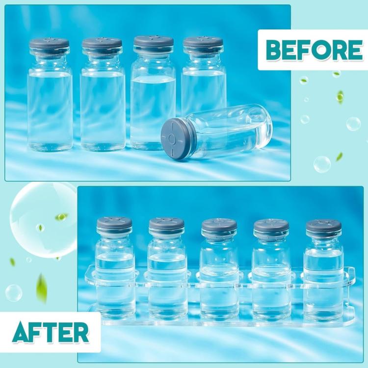 Blue glass bottles lined up before and after on a tray, labeled BEFORE/AFTER
