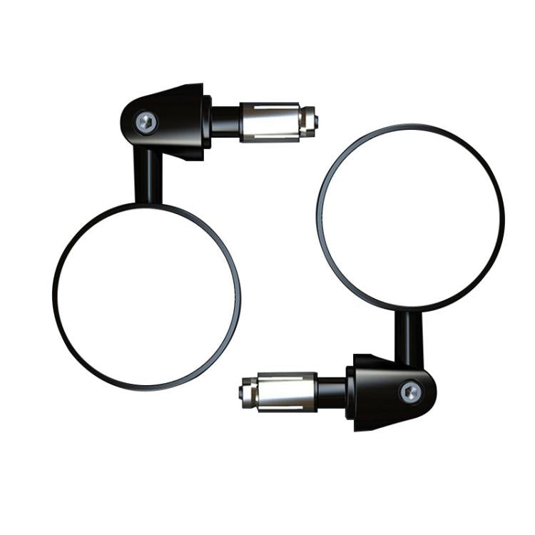 Pair of folding round rearview mirrors with black stems and clear convex lenses