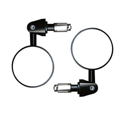 Pair of folding round rearview mirrors with black stems and clear convex lenses