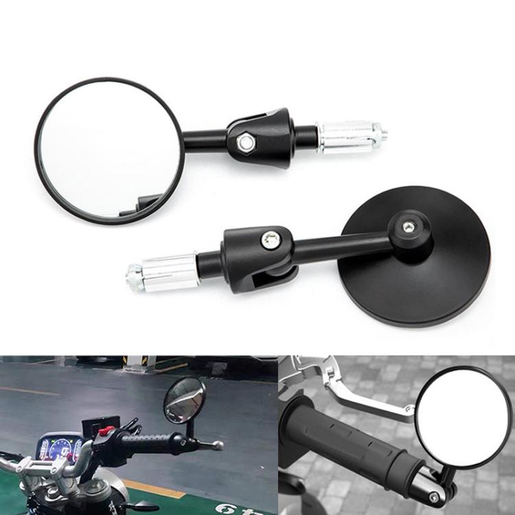 Folding round rearview mirror set with black clamp mounts and clear mirror faces