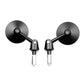 Pair of round folding rearview mirrors with matte black bases and long stems