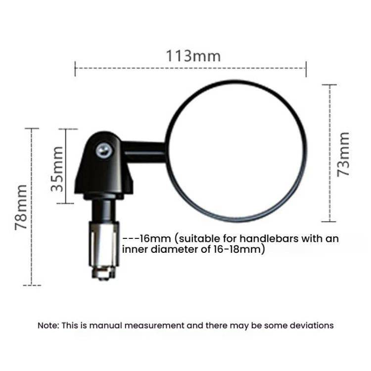 Round rearview mirror with size dimensions and handlebar clamp adapter, 113mm x 73mm