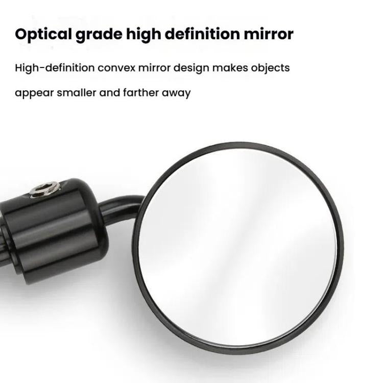 Close-up of round convex rearview mirror with black stem and clear lens surface