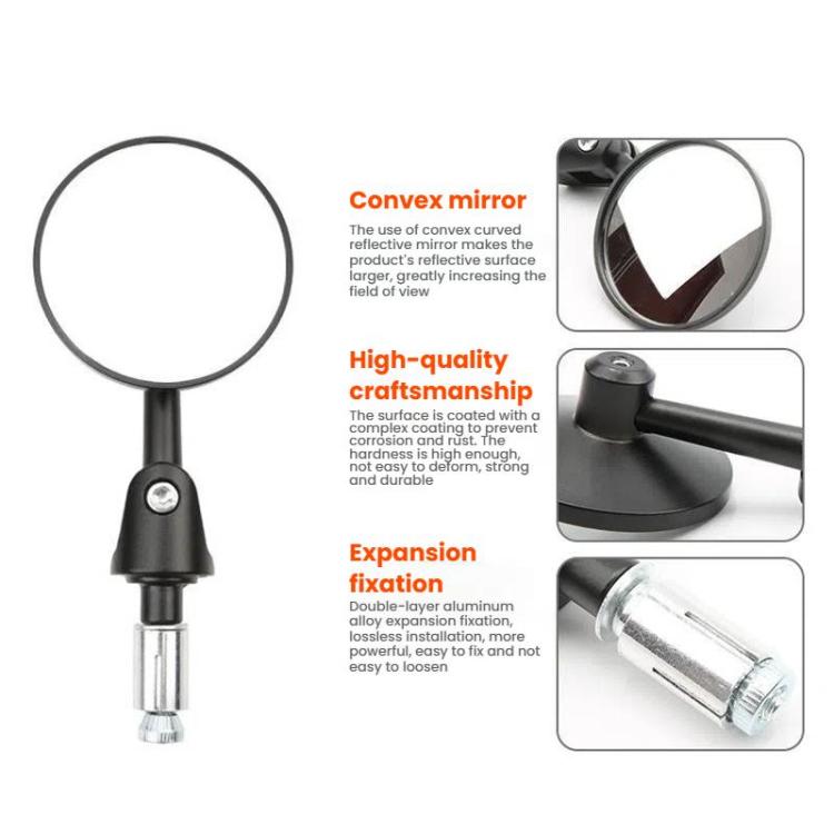 Round convex rearview mirror with black folding mount and close-up hardware details