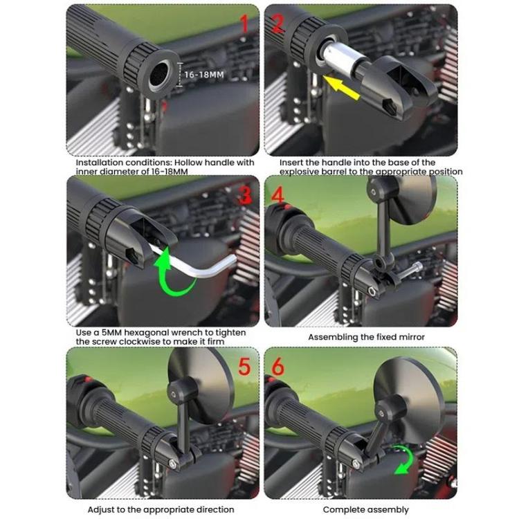 Rearview mirror installation steps showing handlebar clamp, folding mount, and assembly