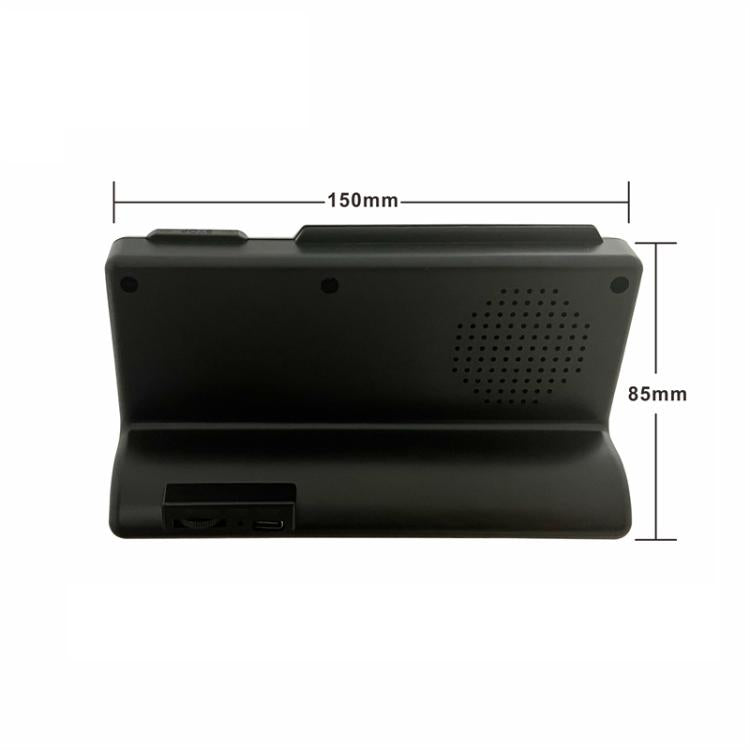 Black desktop clock with rear panel, speaker grille, and connection ports