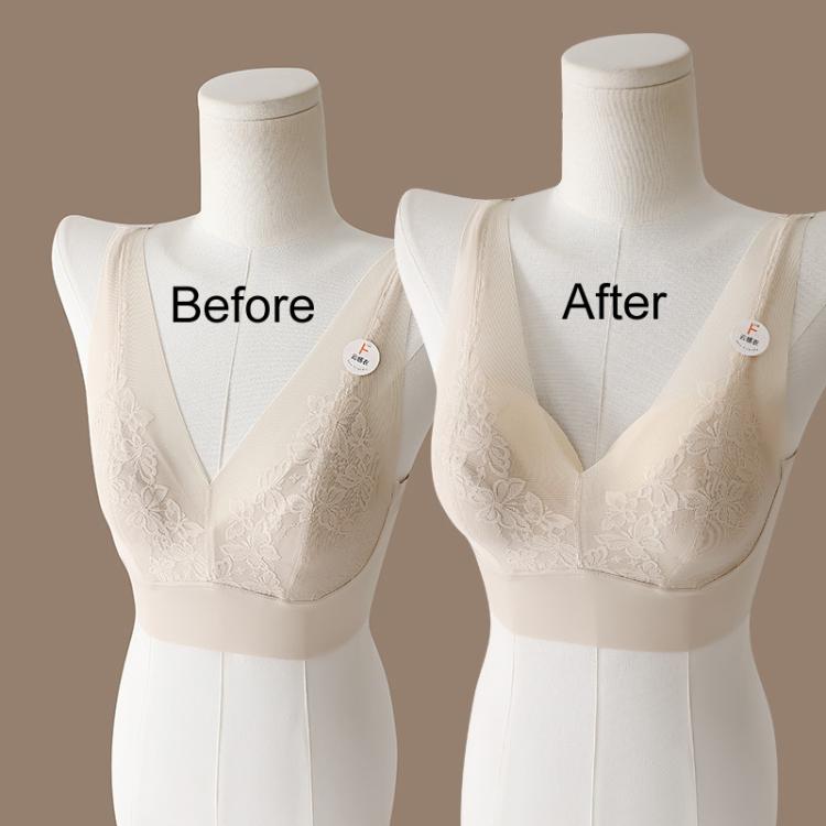 Post-mastectomy bra with lace front and beige prosthetic breast inserts on mannequin