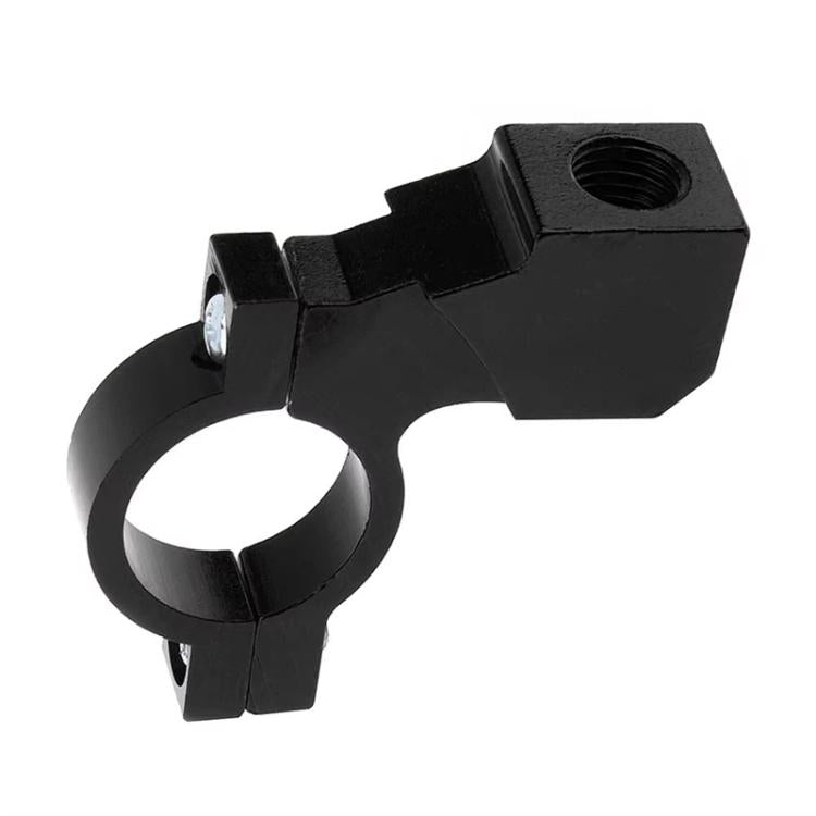 Black motorcycle mirror bracket clamp with circular ring and threaded hole