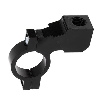 Black motorcycle mirror bracket clamp with circular ring and threaded hole