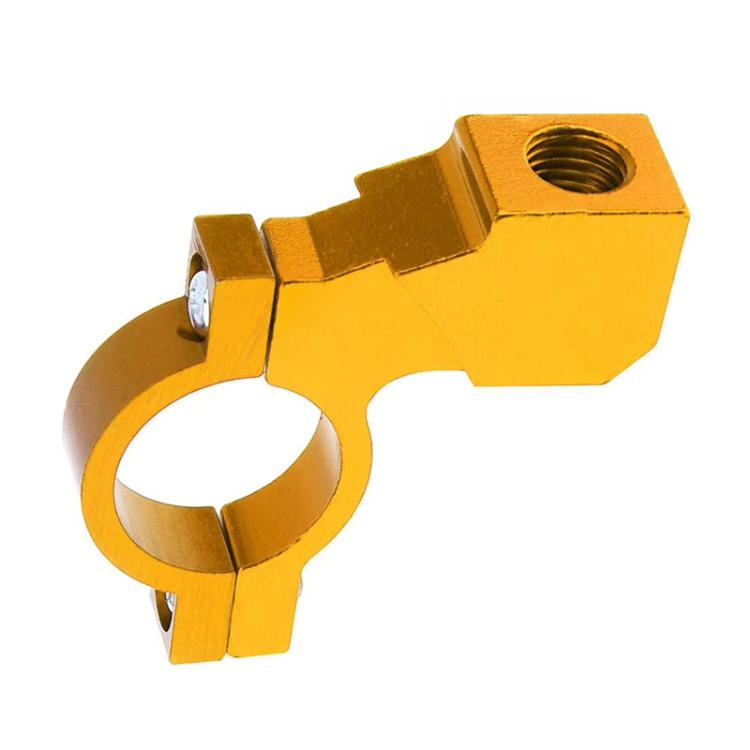 Gold motorcycle mirror bracket clamp with circular ring and threaded hole