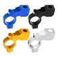 Set of motorcycle mirror bracket clamps in blue, black, gold, and white