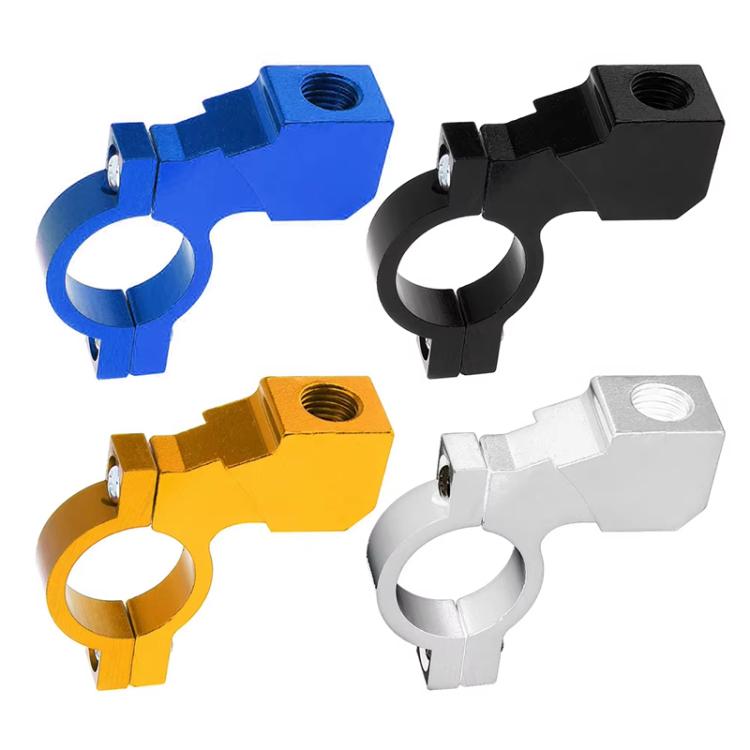 Set of motorcycle mirror bracket clamps in blue, black, gold, and white