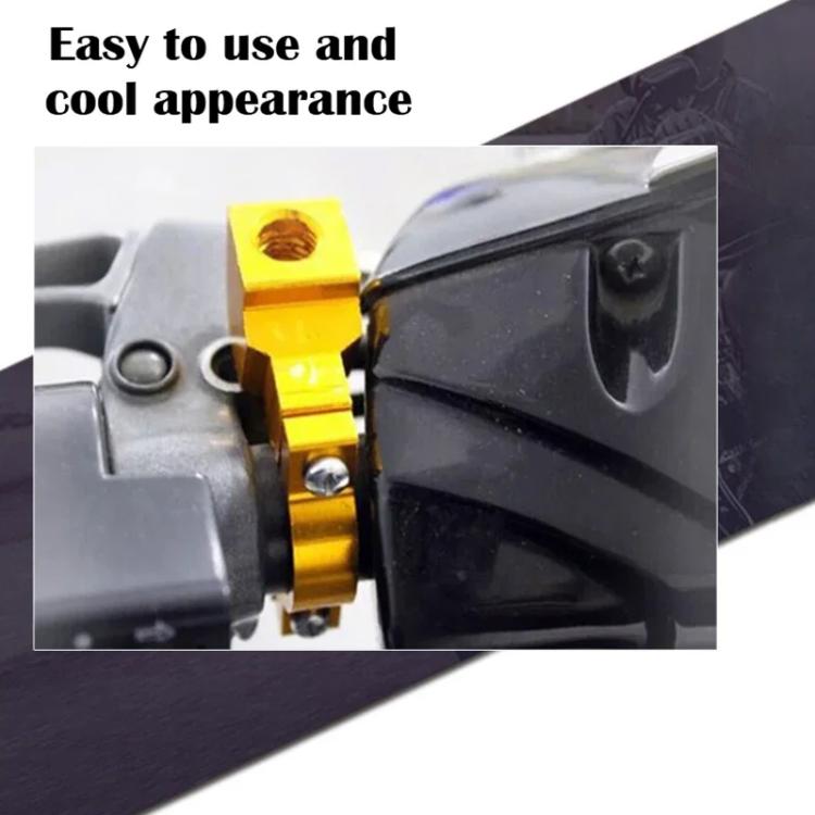 Yellow motorcycle mirror bracket clamp attached near a mirror base