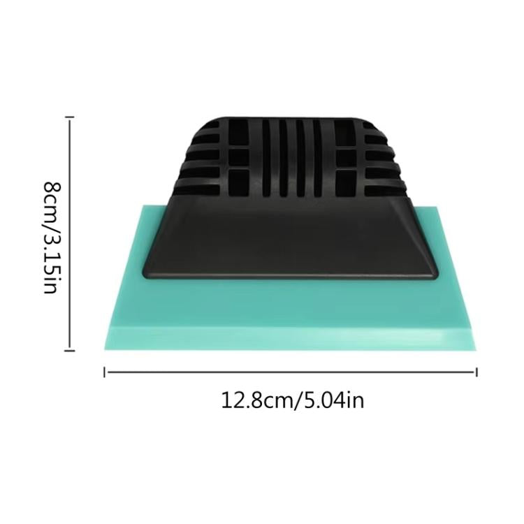 Car tint scraper tool with black rubber blade, teal backing pad, 12.8 cm length
