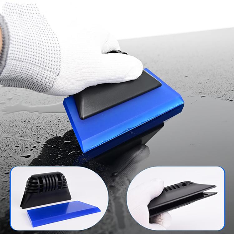 Tint scraper tool with black rubber blade on blue backing pad for glass cleaning