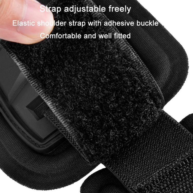 Close-up of adjustable elastic shoulder strap and buckle on black armor vest