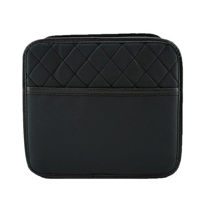 Black quilted car seat back storage bag with smooth front panel and top flap