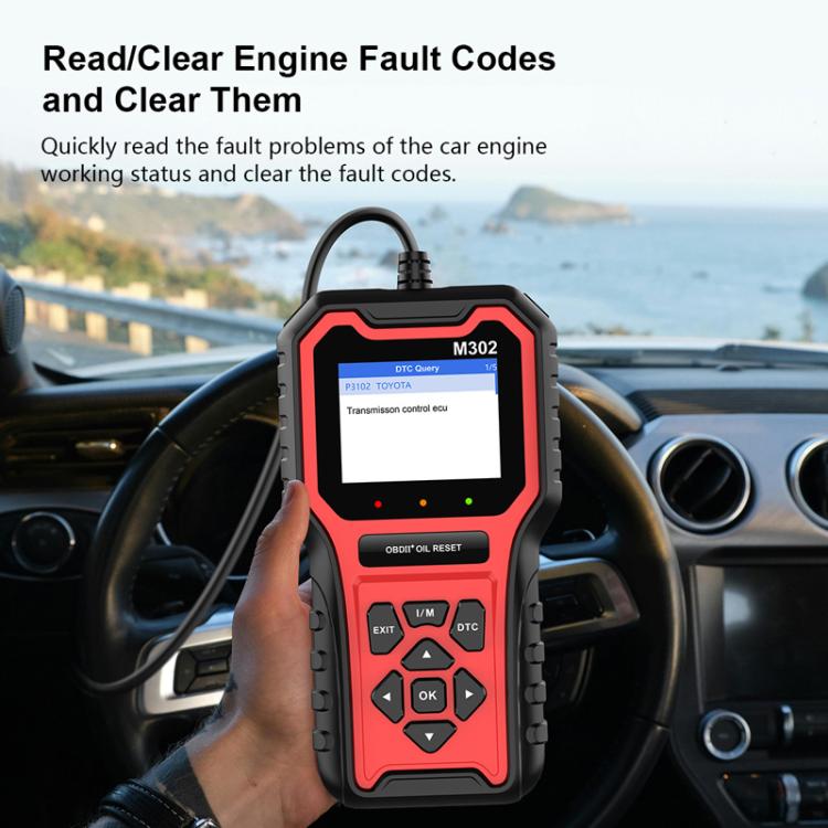 Car OBD2 oil reset diagnostic code reader M302 showing a diagnostic results screen