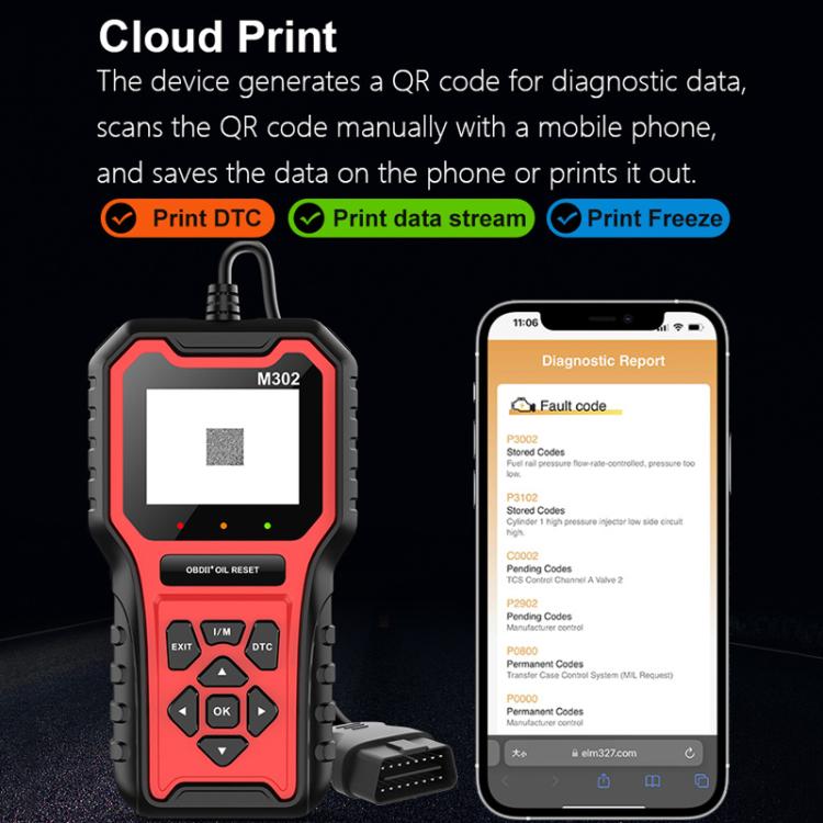Car OBD2 oil reset diagnostic code reader M302 with cloud print phone report