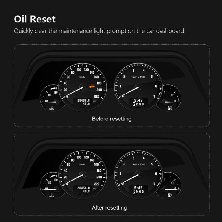 Car OBD2 oil reset function showing before and after dashboard maintenance light reset