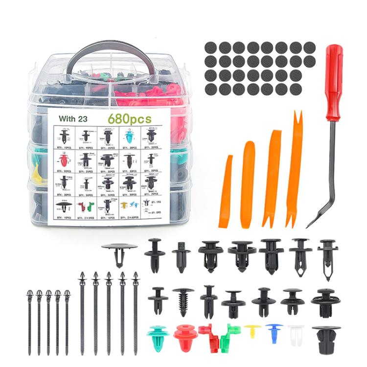 Car retainer clip fastener kit: 680 mixed clips, orange pins, and red pry remover