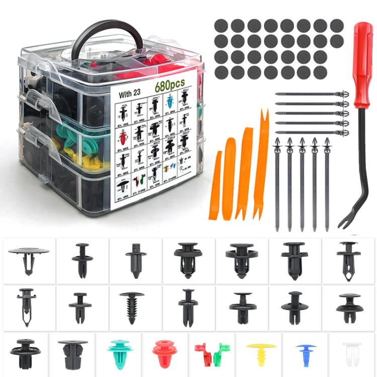 Car retainer clip kit in clear organizer with remover tool, orange pins, and black clips