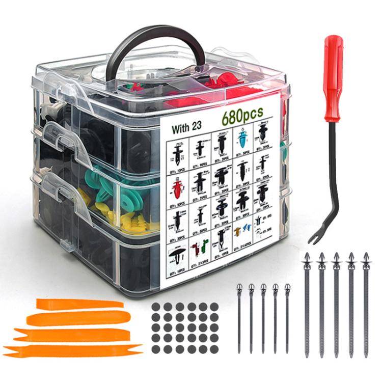 Car retainer clip kit organizer with 680 clips, orange pins, and red pry remover tool