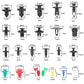 Assorted retainer clip sizes chart with multiple clip styles and color examples