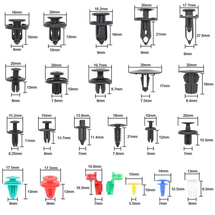 Assorted retainer clip sizes chart with multiple clip styles and color examples