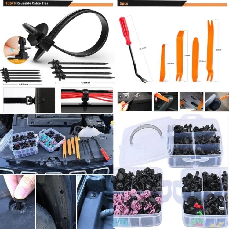 Automotive clip remover kit with red handle, orange pins, and reusable cable ties