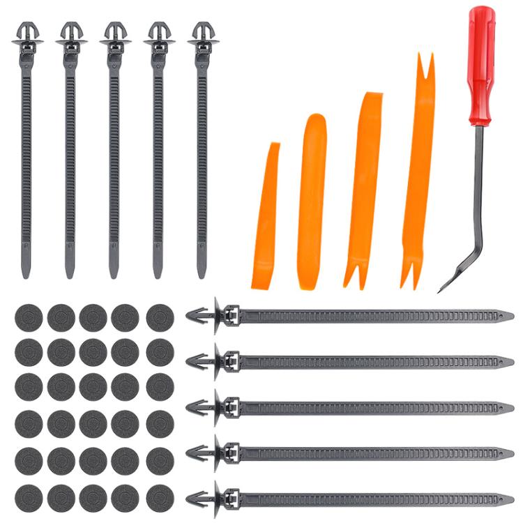 Car retainer clip kit with orange pins, round clips, and long black zip ties