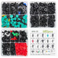 Assorted automotive retainer clips in compartments: black, teal, red, and green