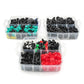 Clear case of mixed automotive retainer clips: black, teal, and red pieces