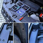 Car body panel with retainer clips and trim tool near openings