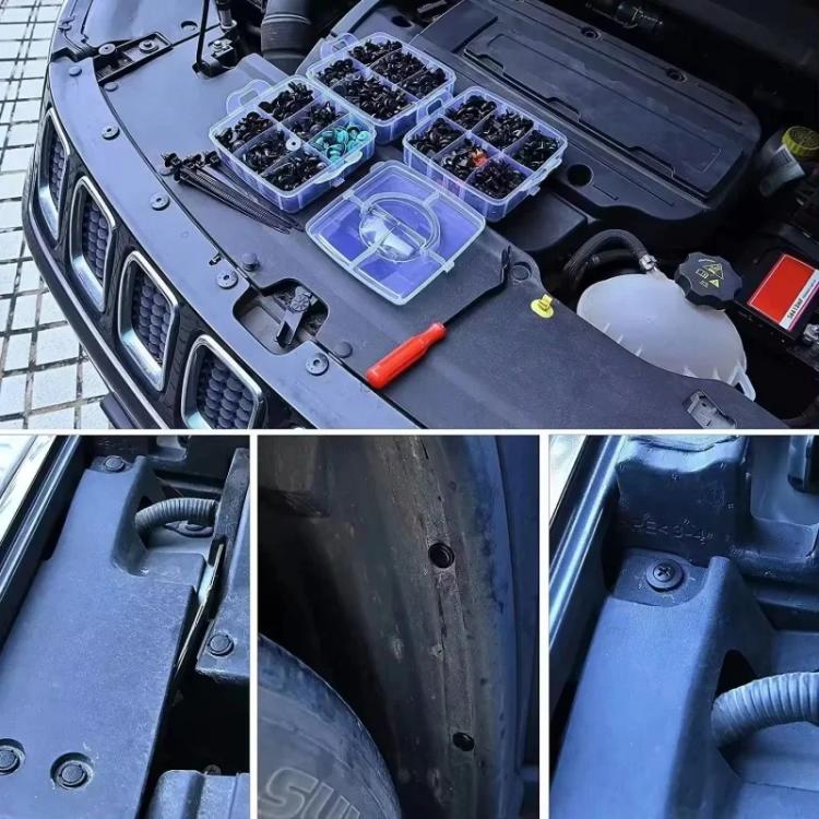 Car body panel with retainer clips and trim tool near openings