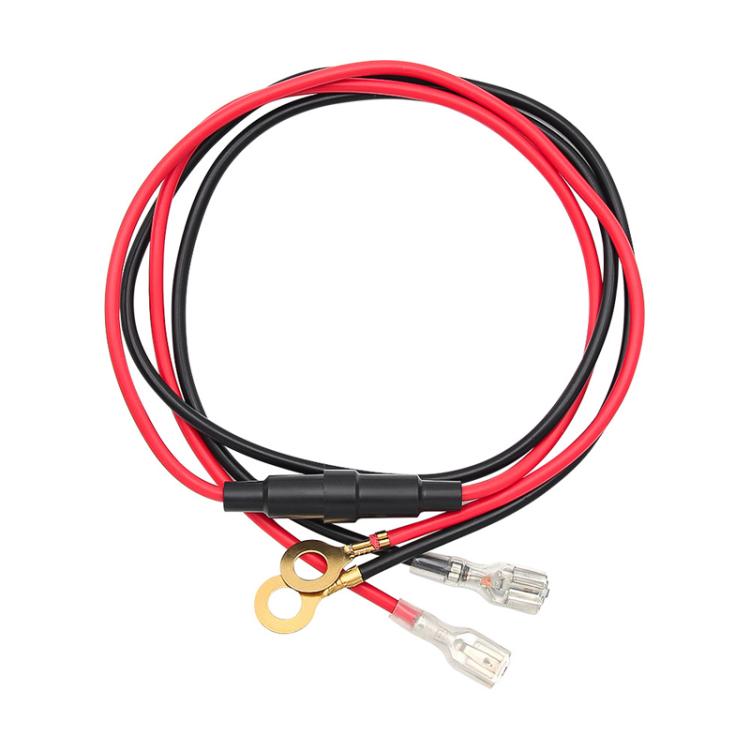 Red and black car power wiring harness with O-type ring terminals and plug connector