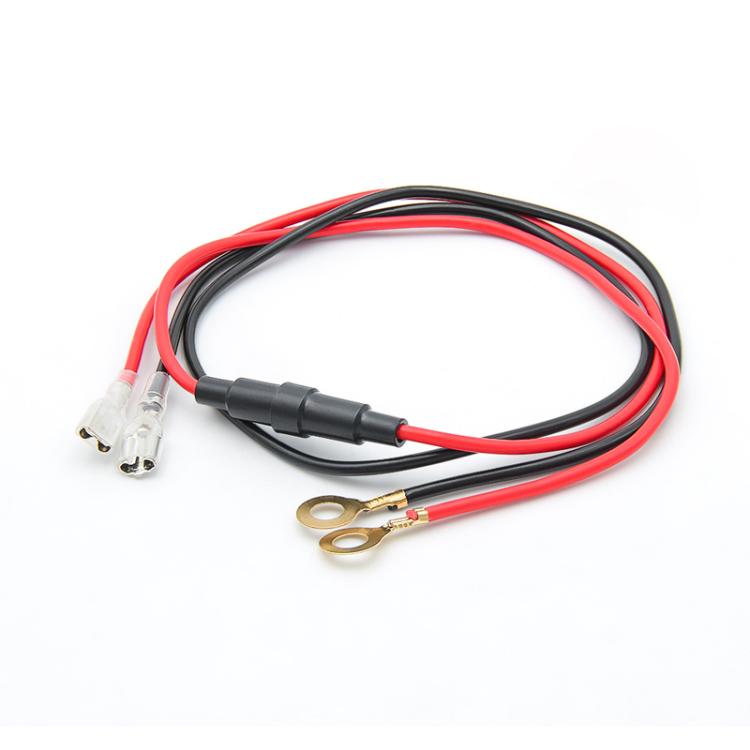 Car charger wiring harness with red/black wires, plug ends, and O-type ring terminal