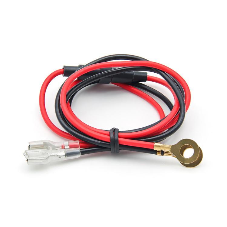 Car wiring harness with red/black insulated wires, O-type ring terminal, and connector